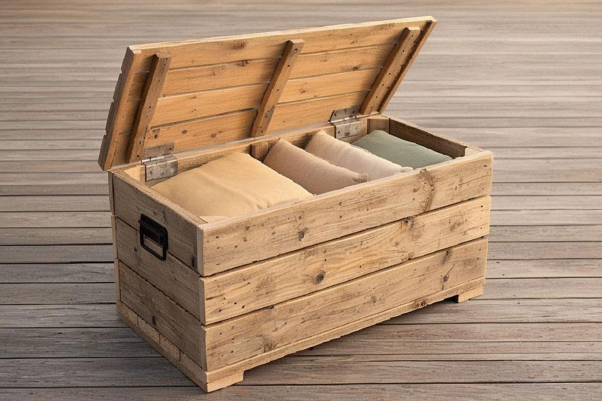 Coffre bas en palettes avec couvercle ouvert, contenant plusieurs coussins de terrasse secs, charnières visibles et petites ouvertures entre les lames pour faciliter l’aération