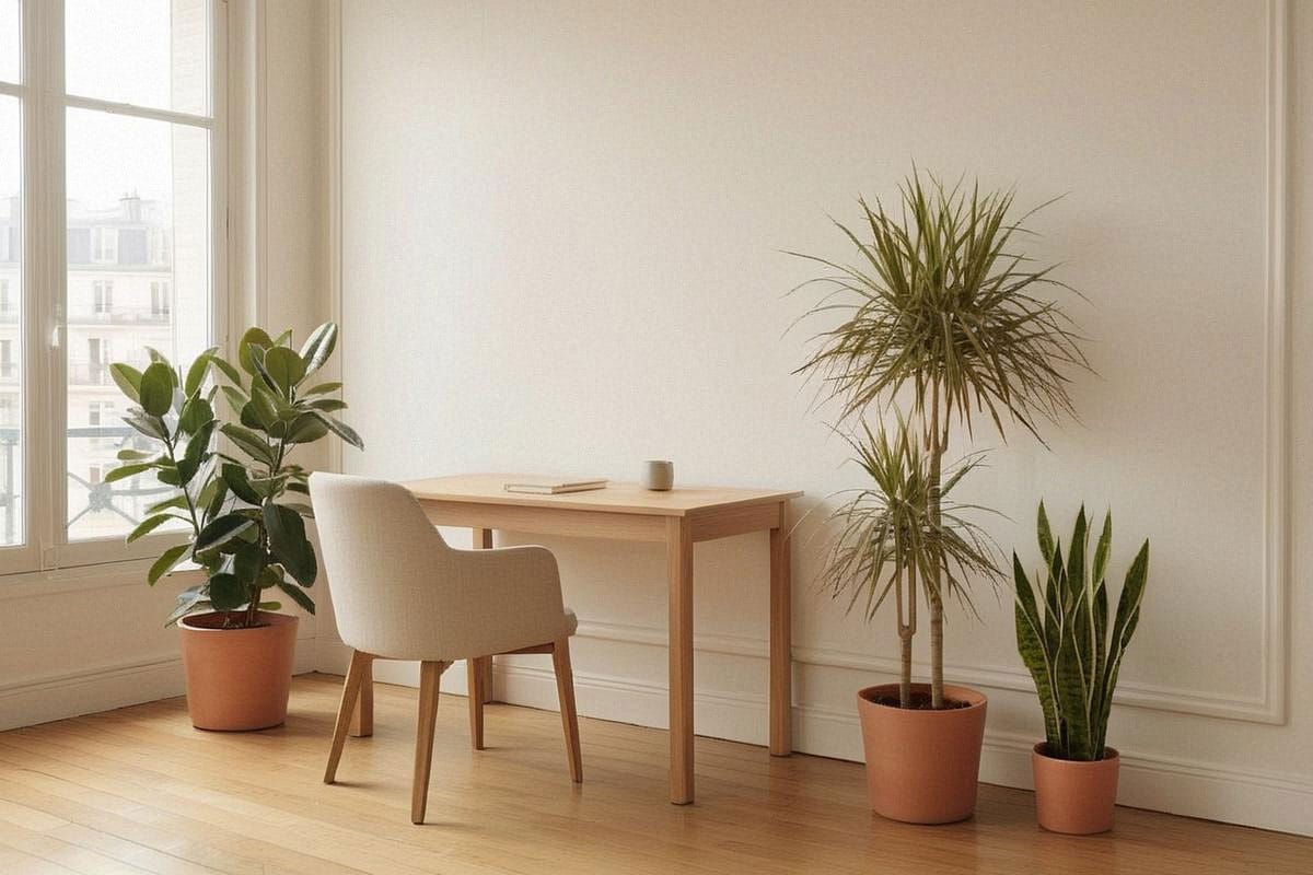 Coin bureau lumineux avec grand Dracaena marginata, sansevieria au sol et ficus elastica près d’une fenêtre, chaque plante disposant d’un espace suffisant autour de son feuillage