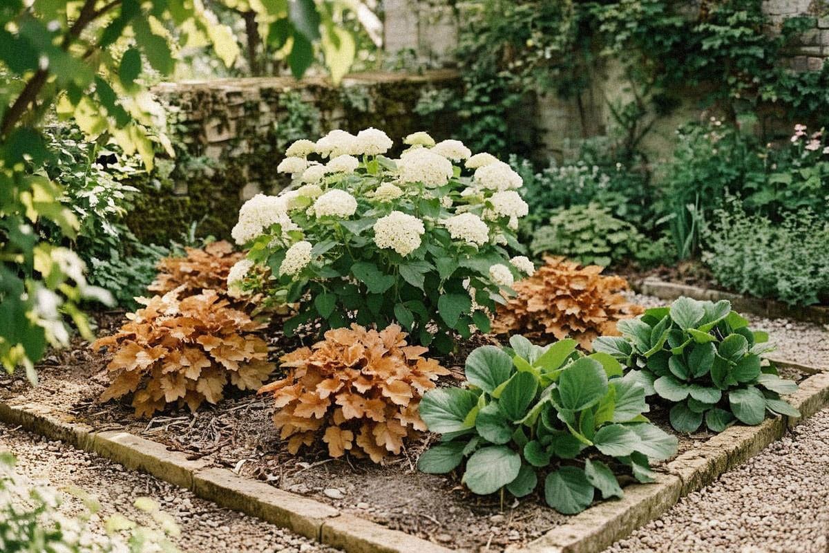 Coin de jardin à mi-ombre avec hortensia blanc, bergenias et heuchères orangées, feuillages denses et sol couvert limitant les zones nues et le désherbage