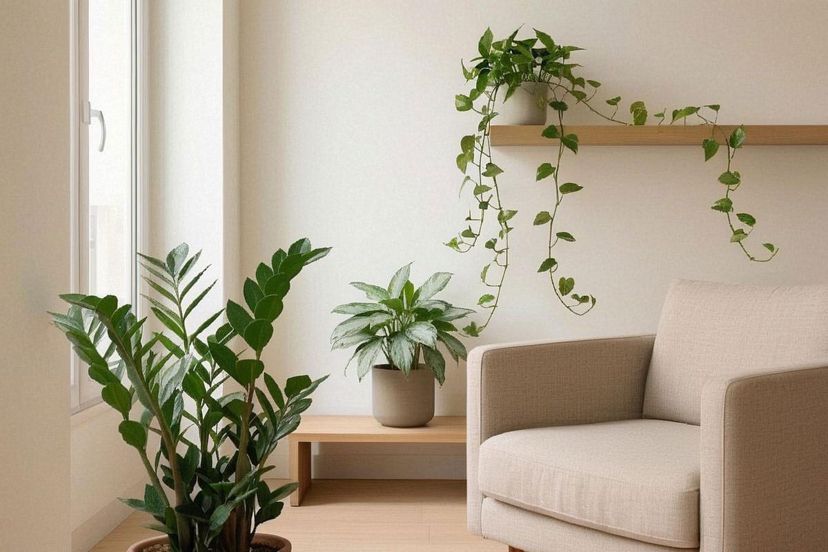 Coin de salon éclairé par une fenêtre nord avec zamioculcas, aglaonema et pothos, plantes espacées sur plusieurs hauteurs et feuillages restant denses malgré une lumière douce