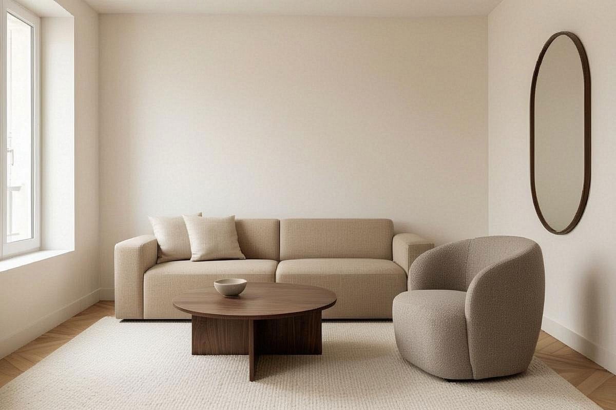Coin salon minimaliste avec canapé droit beige, table basse ronde en bois, fauteuil aux formes enveloppantes et grand miroir ovale, créant un contraste doux avec les lignes architecturales