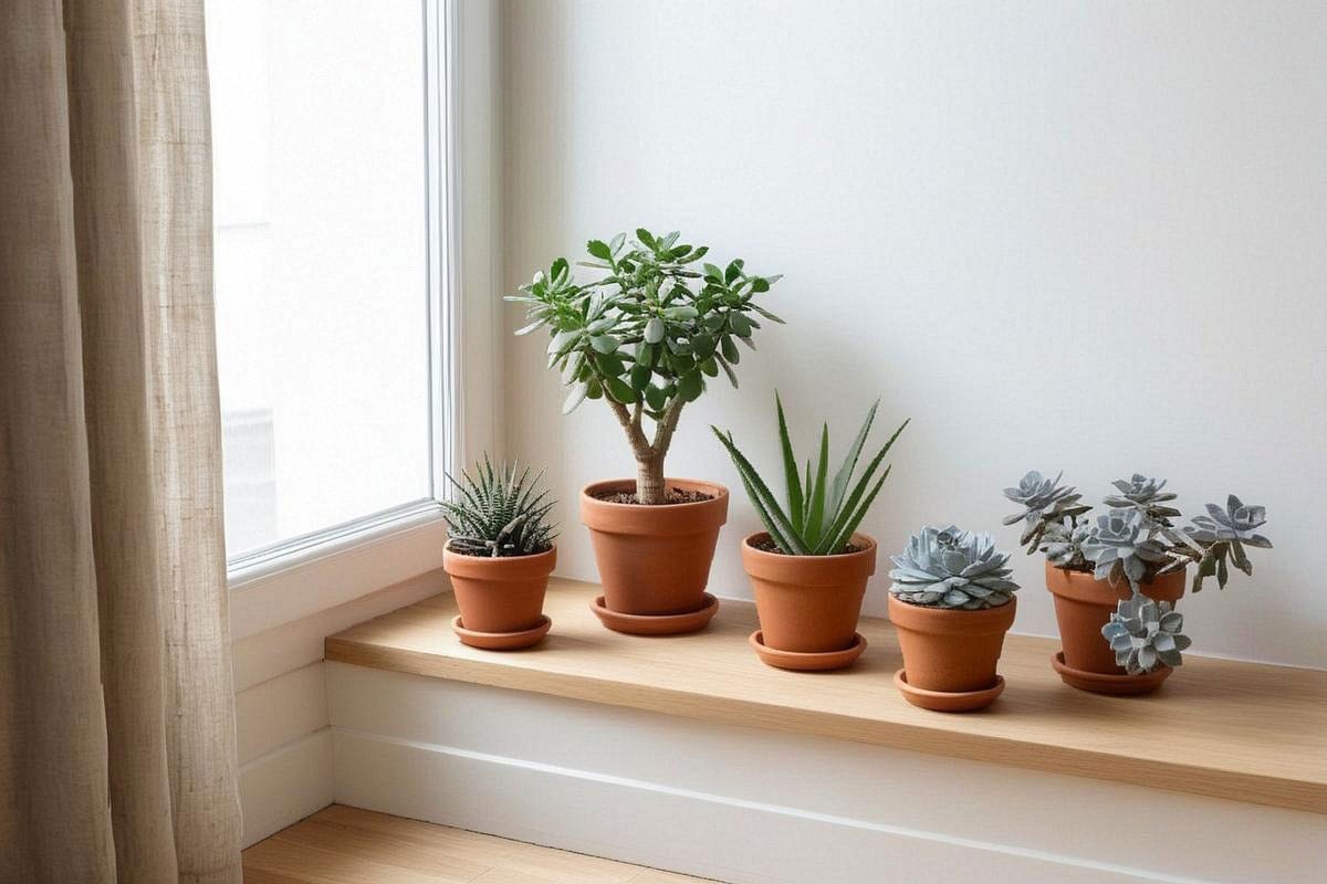 Collection finale de succulentes faciles avec Haworthia, Crassula, Aloe, Echeveria et Graptopetalum, toutes placées dans des pots percés près d’une grande fenêtre lumineuse