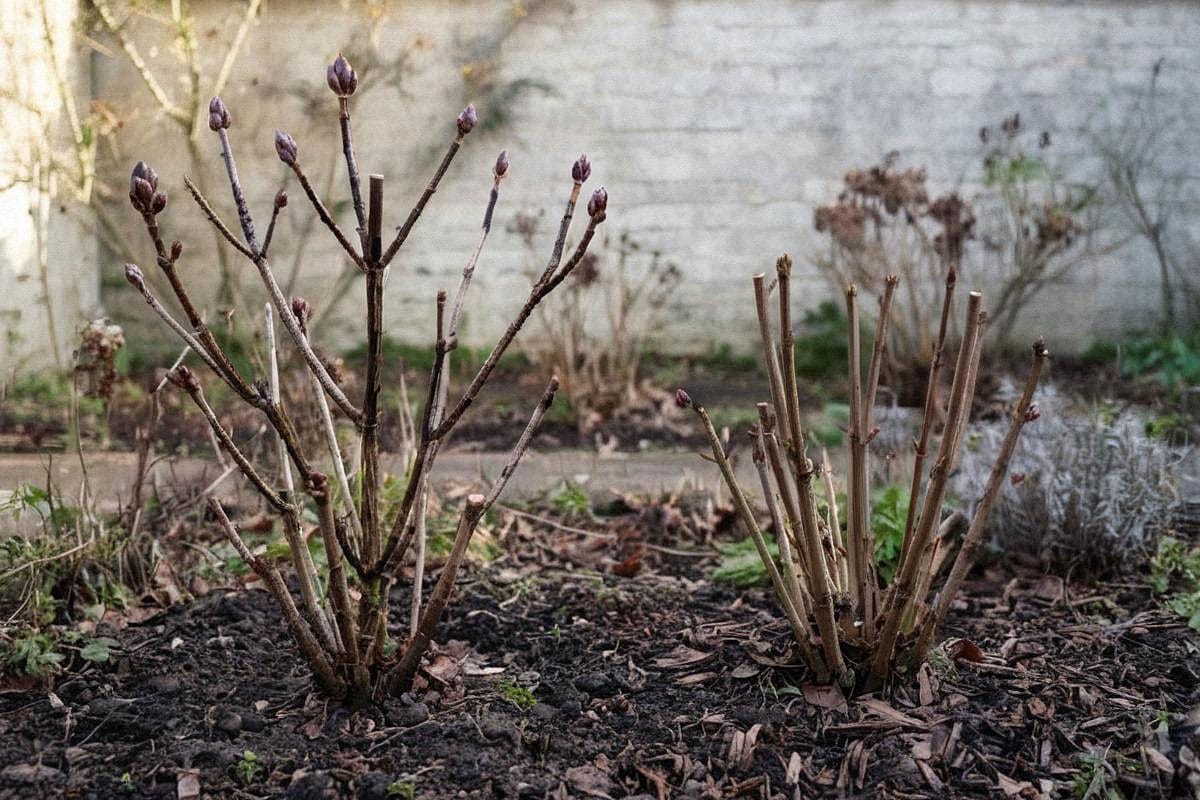 Comparaison dans un même massif entre un Hydrangea macrophylla légèrement nettoyé et un Hydrangea paniculata taillé plus court en fin d’hiver, avec architecture des branches visible
