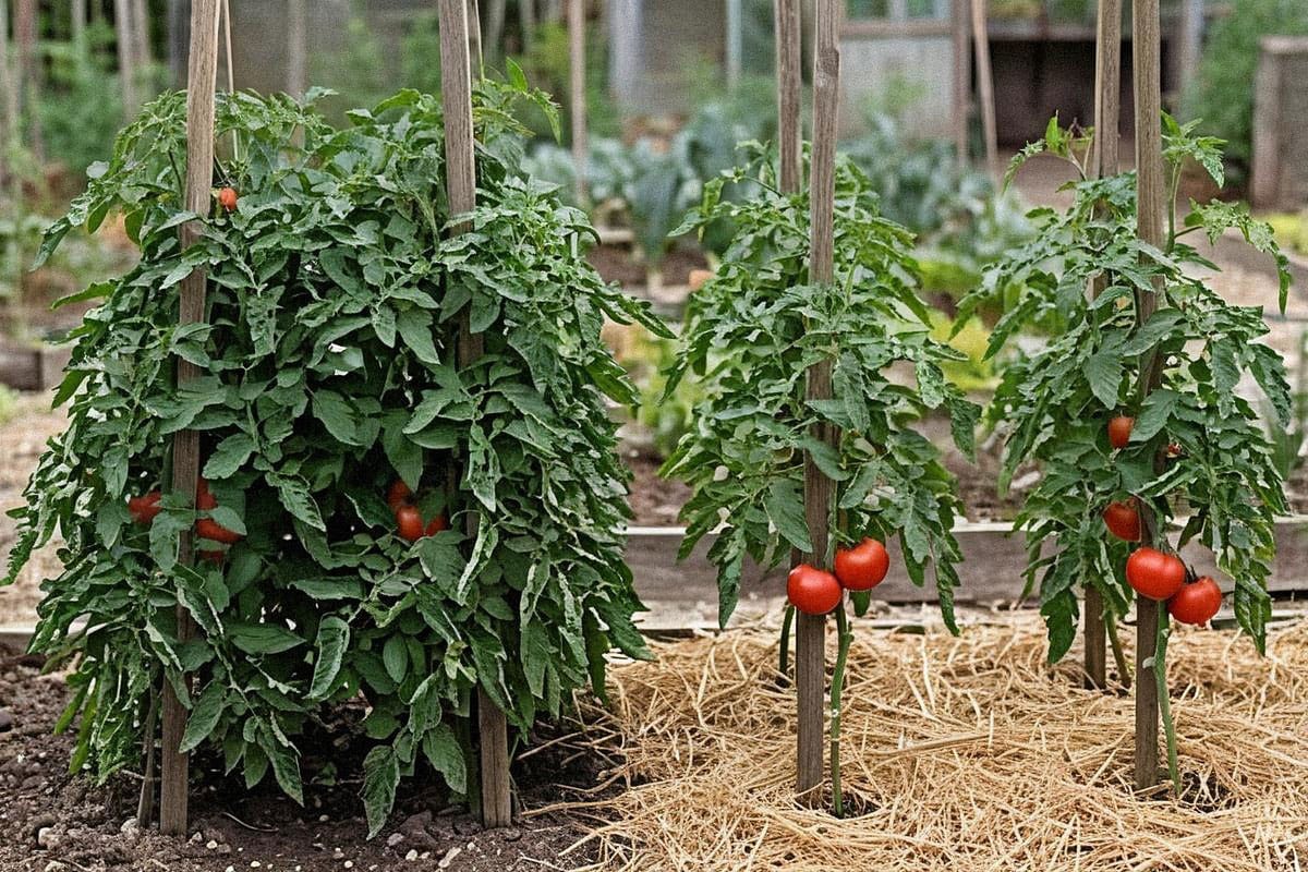 Comparaison entre un pied trop serré et très feuillu à gauche, puis un plant correctement espacé, paillé et tuteuré à droite, avec grappes mieux exposées et circulation d’air visible