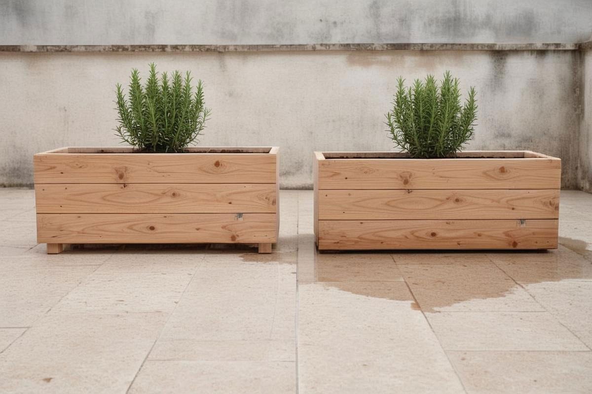 Comparaison visuelle entre une jardinière correctement drainée sur petits pieds et un bac posé directement au sol avec eau stagnante, montrant clairement l’intérêt de la surélévation