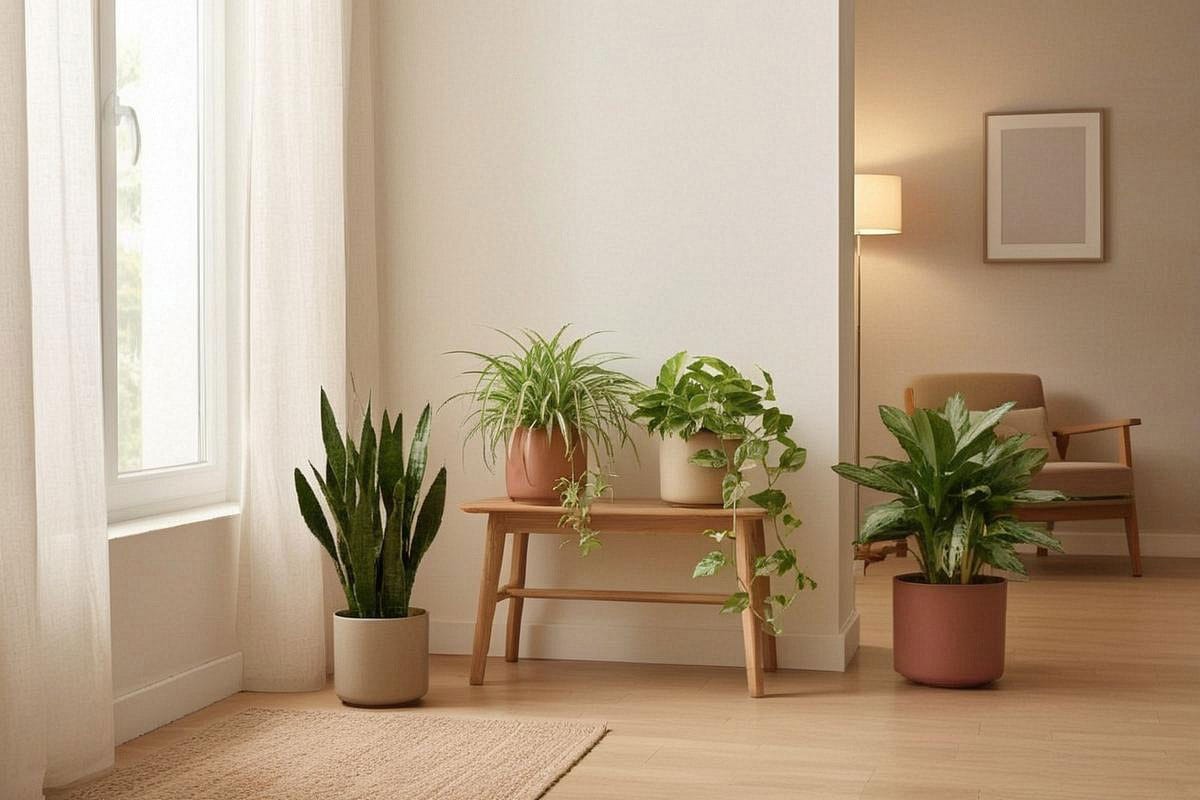 Composition de quatre plantes faciles près d’une fenêtre, avec chlorophytum, sansevieria, pothos et aglaonema espacés et installés dans des pots aux dimensions adaptées