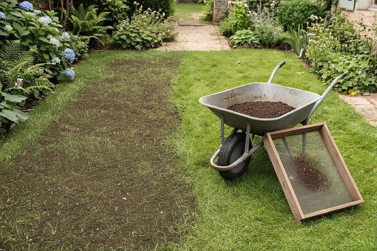 Compost mûr finement tamisé étalé en couche très mince sur une petite pelouse, avec brouette et tamis visibles pour montrer que le marc a été préalablement décomposé