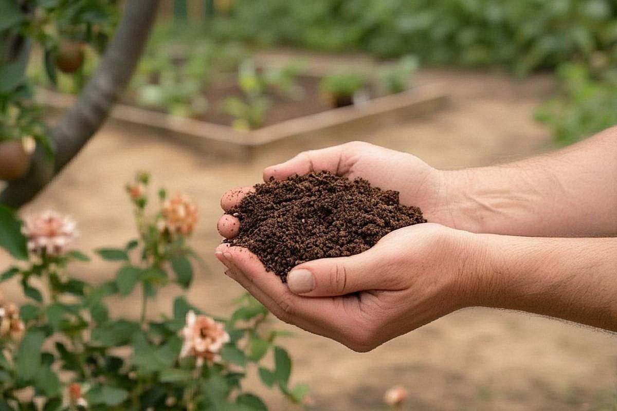 Compost mûr prêt à l’emploi tenu dans deux mains, texture sombre et grumeleuse, avec potager, rosiers et arbres fruitiers en arrière-plan illustrant plusieurs destinations possibles