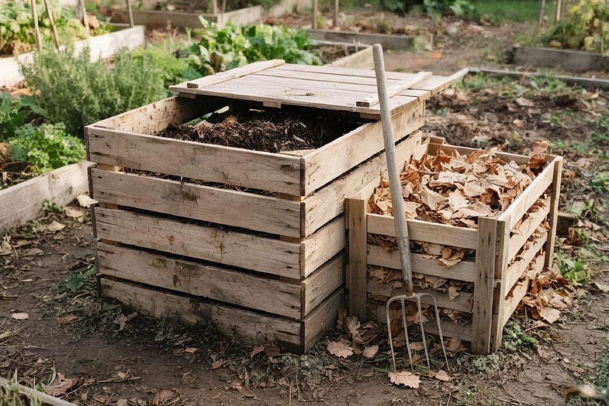 Composteur en bois d’environ un mètre de côté construit avec planches espacées pour l’aération, couvercle simple et petite réserve de feuilles mortes rangée juste à côté