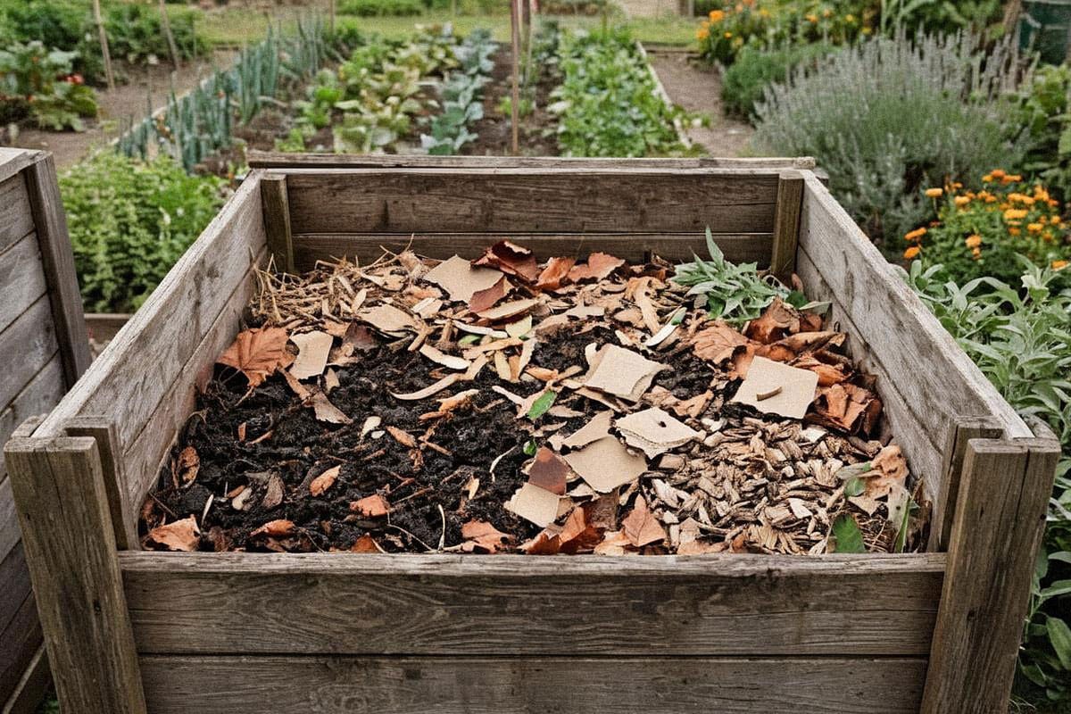 Composteur ouvert montrant un mélange équilibré d’épluchures, feuilles mortes, carton brun et petit broyat, sans amas compact ni déchets alimentaires reconnaissables en grande quantité