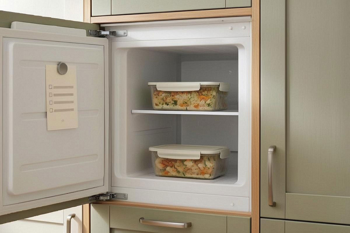 Congélateur familial organisé avec deux repas préparés et étiquetés, petite liste d’urgence aimantée sur la porte et quelques produits de base facilement accessibles