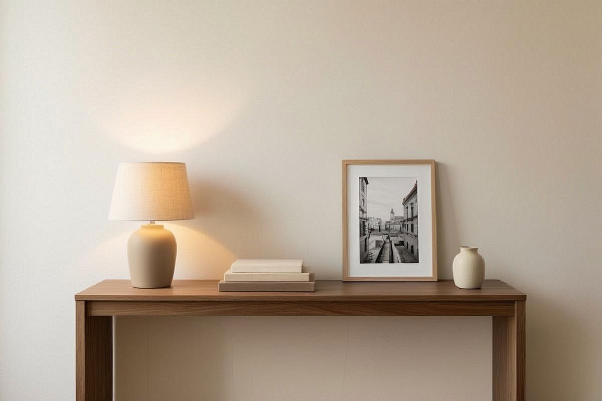 Console minimaliste en bois avec lampe en céramique, trois livres, photographie encadrée et petit vase artisanal, devant un mur beige clair laissant une large zone volontairement vide