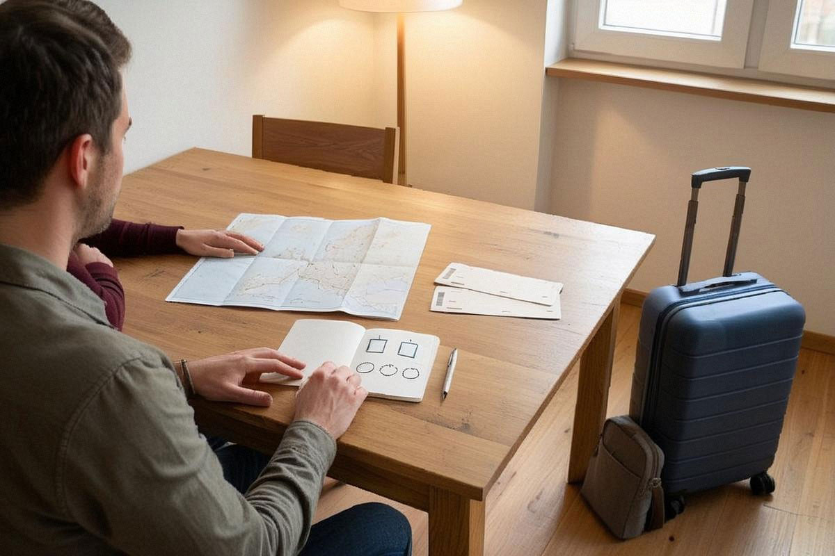 Couple consultant une carte européenne et des billets sur une table, petit sac cabine prêt à partir, avec carnet indiquant deux nuits et trois quartiers à visiter
