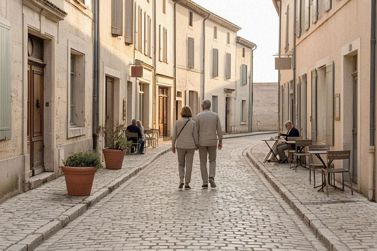 Couple marchant dans une petite rue pavée en fin d’après-midi, façades anciennes éclairées par une lumière dorée et terrasses peu occupées après le départ des visiteurs