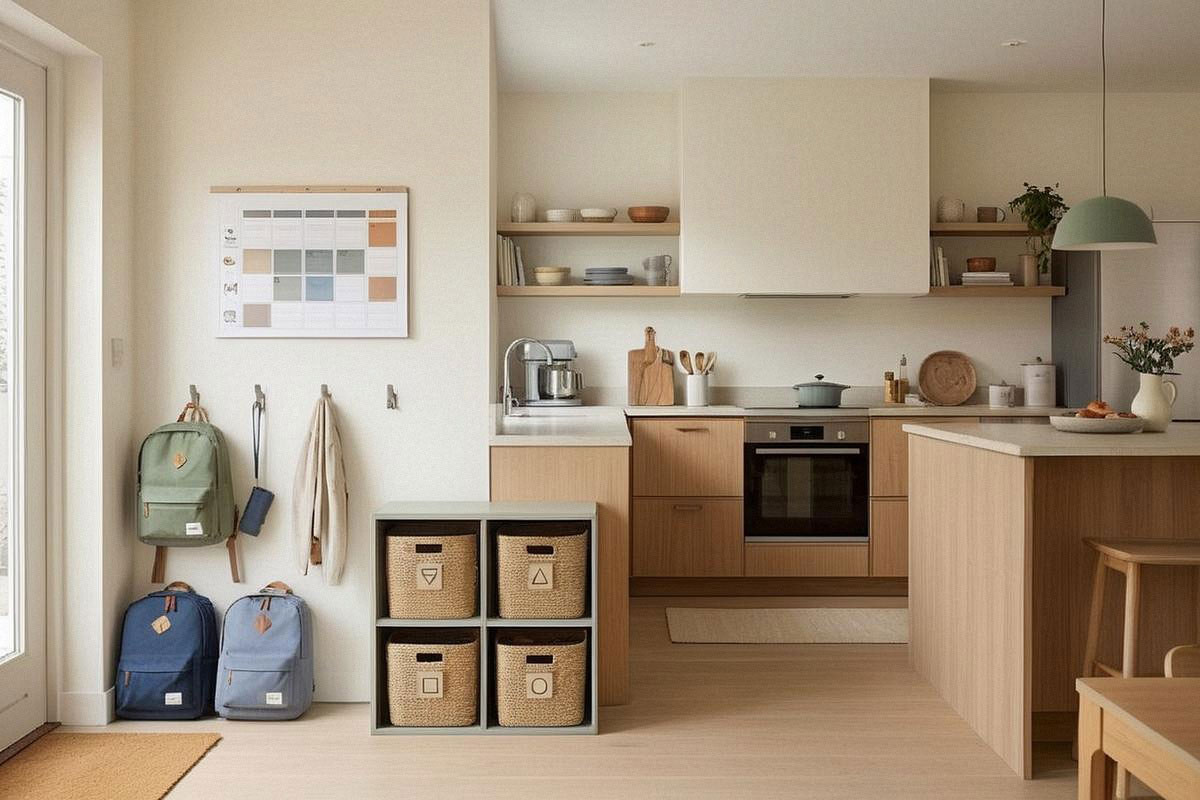 Cuisine familiale avec calendrier hebdomadaire affiché au mur, sacs d’école alignés près de l’entrée et paniers nominatifs pour chaque membre de la famille