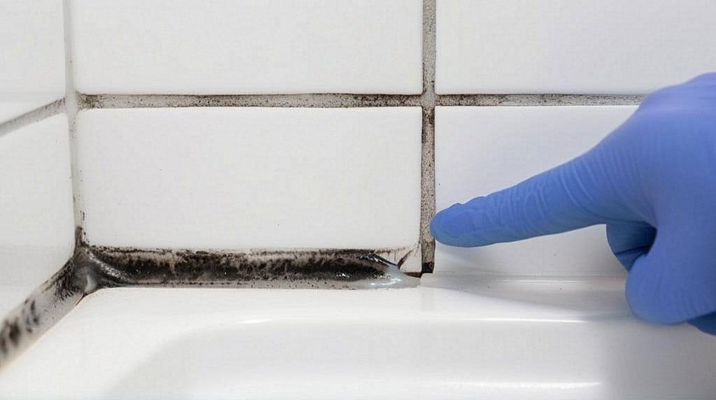Détail d'un angle de douche montrant côte à côte un joint de mortier ciment mat et un cordon de silicone souple noirci, main gantée pointant la différence de texture entre les deux