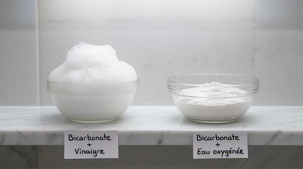 Deux bols posés sur un rebord de lavabo, l'un avec un mélange bicarbonate-vinaigre moussant, l'autre avec la pâte bicarbonate-eau oxygénée compacte, étiquettes manuscrites visibles, éclairage direct