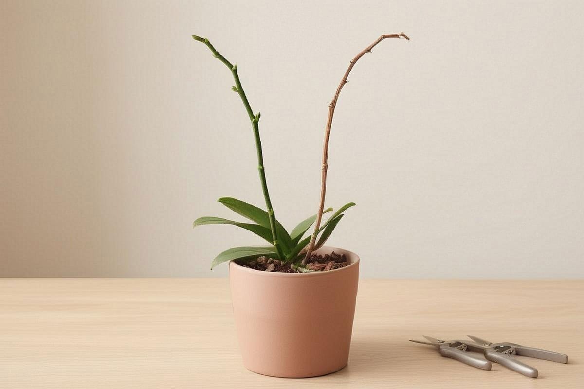 Deux hampes d’orchidée montrées côte à côte, l’une verte avec nœuds bien visibles et l’autre entièrement brune, avec emplacement de coupe suggéré sans surcharge graphique