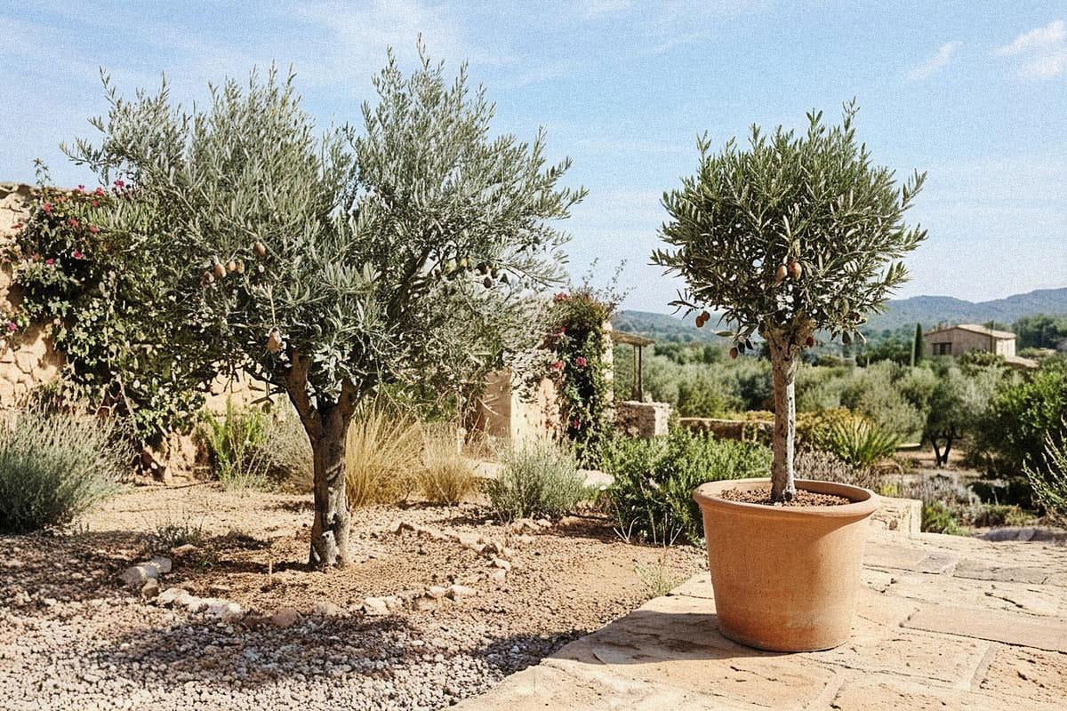 Deux oliviers cultivés côte à côte, l’un planté dans un massif sec et l’autre dans un grand pot en terre cuite sur une terrasse très lumineuse
