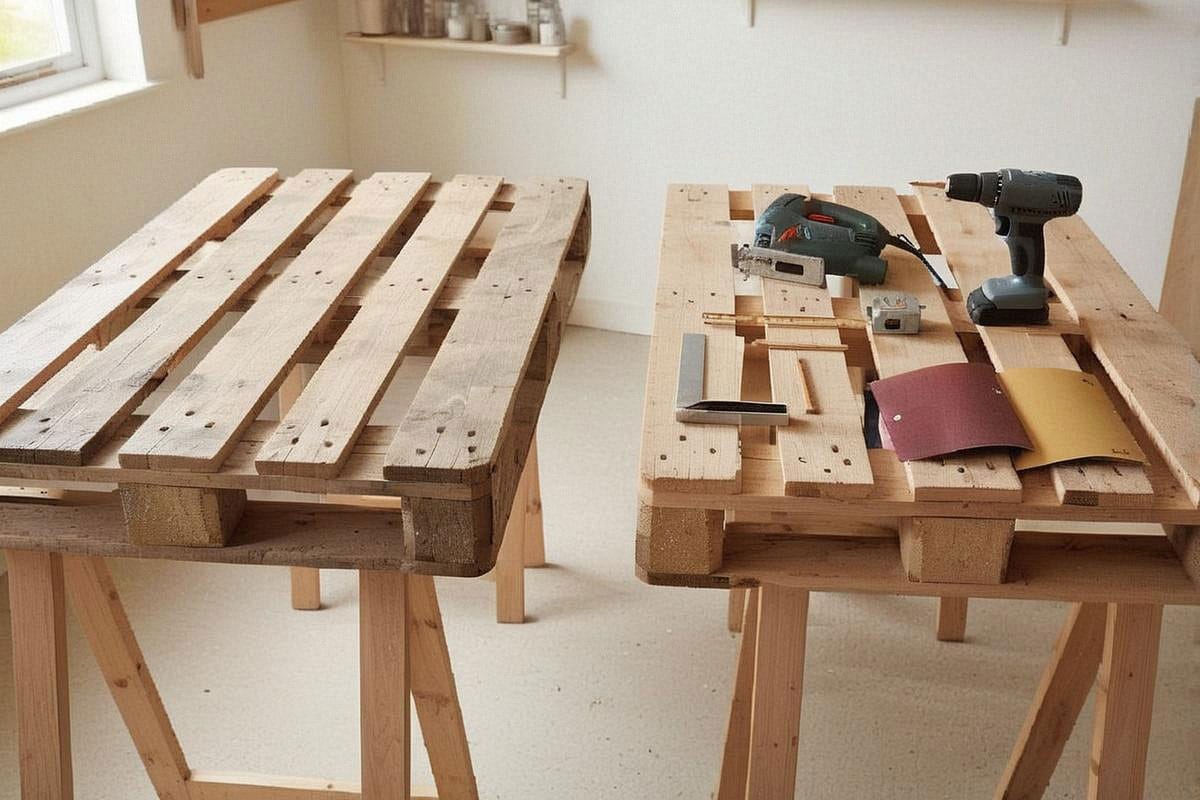 Deux palettes propres posées sur des tréteaux avec scie, perceuse, mètre et papier abrasif, prêtes à devenir plusieurs petits meubles pour la maison et le jardin