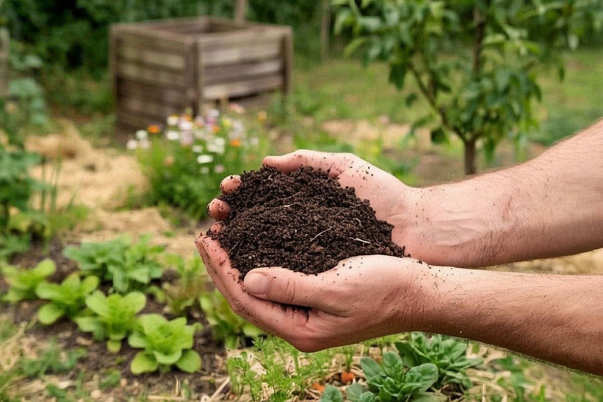 Deux poignées remplies de compost parfaitement mûr, texture fine et grumeleuse, avec jeunes légumes, fleurs et arbre fruitier en arrière-plan prêts à recevoir la matière organique