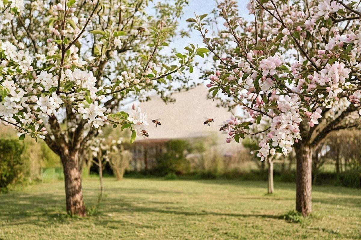 Deux pommiers de variétés différentes en pleine floraison, plantés dans le même jardin avec abeilles visibles autour des fleurs blanches et roses sous une lumière printanière