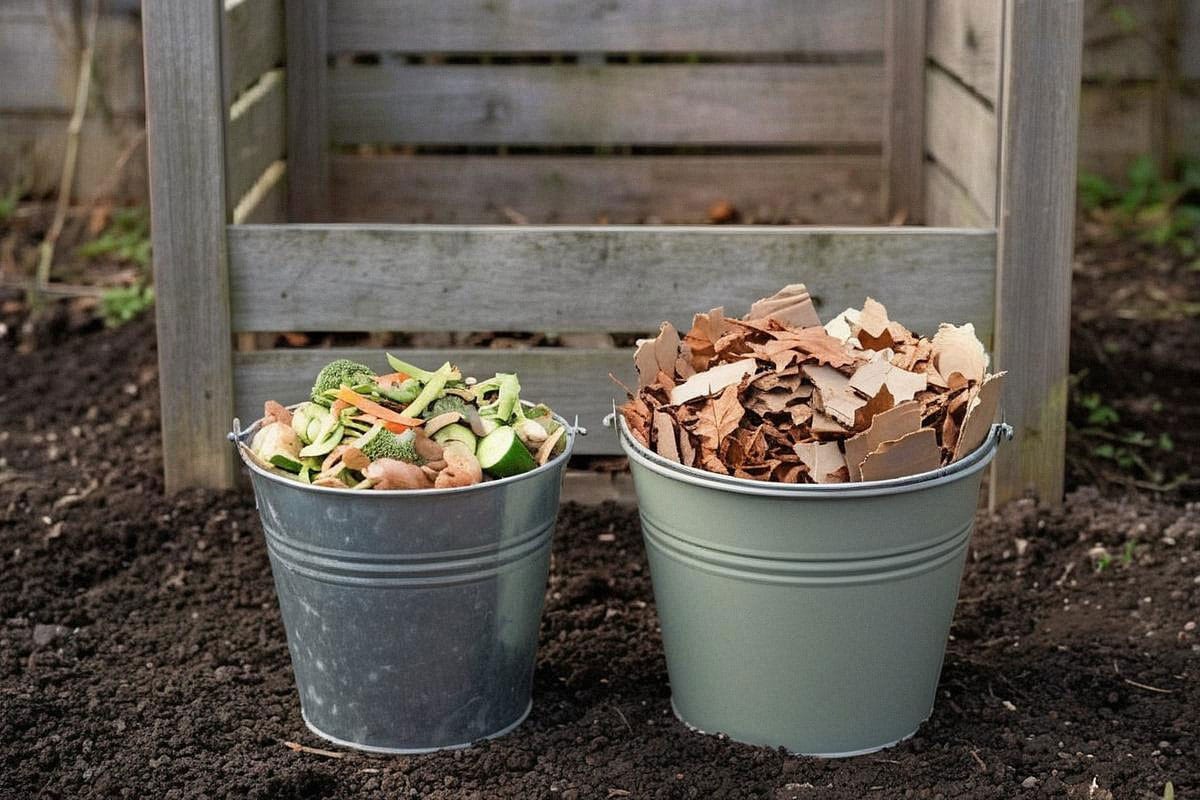Deux seaux placés devant un composteur, l’un contenant déchets végétaux frais et l’autre feuilles sèches et carton brun, illustrant visuellement l’équilibre entre matières humides et sèches
