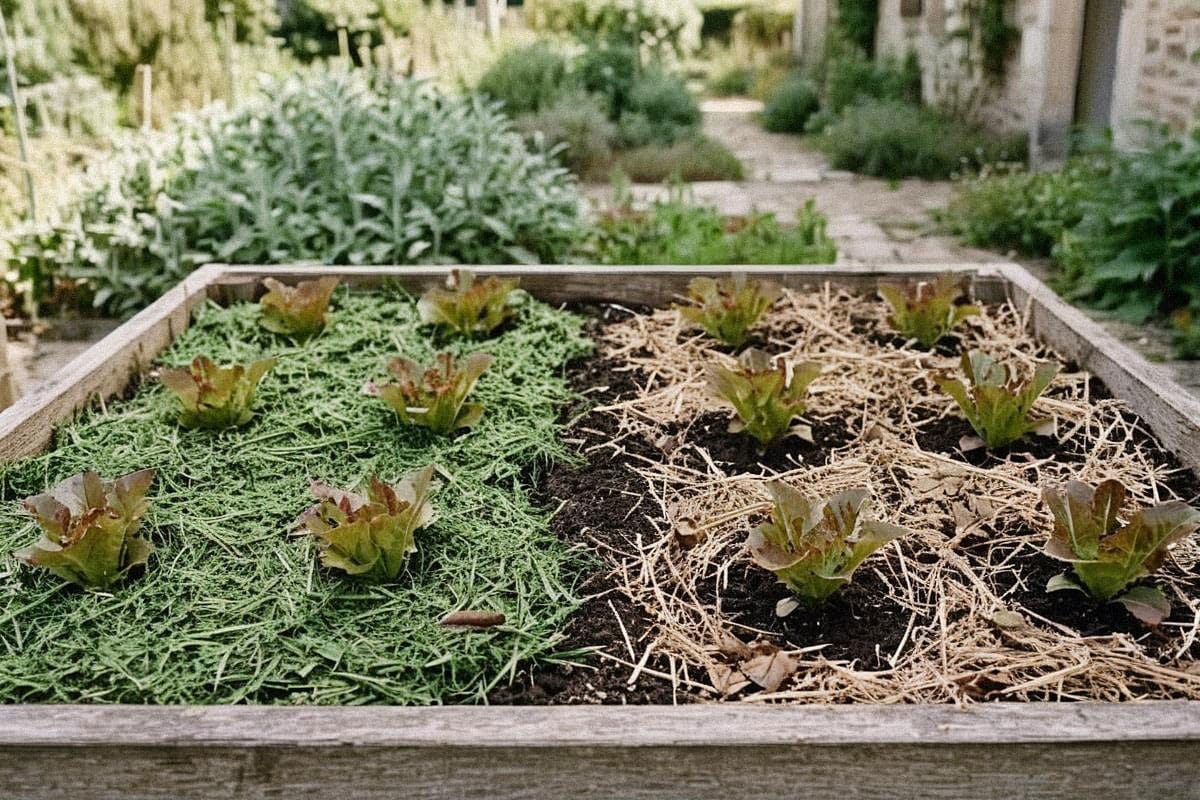 Deux zones de potager comparées visuellement, l’une avec tontes fraîches épaisses contre de jeunes plants et l’autre avec paillage sec plus mince laissant les collets dégagés