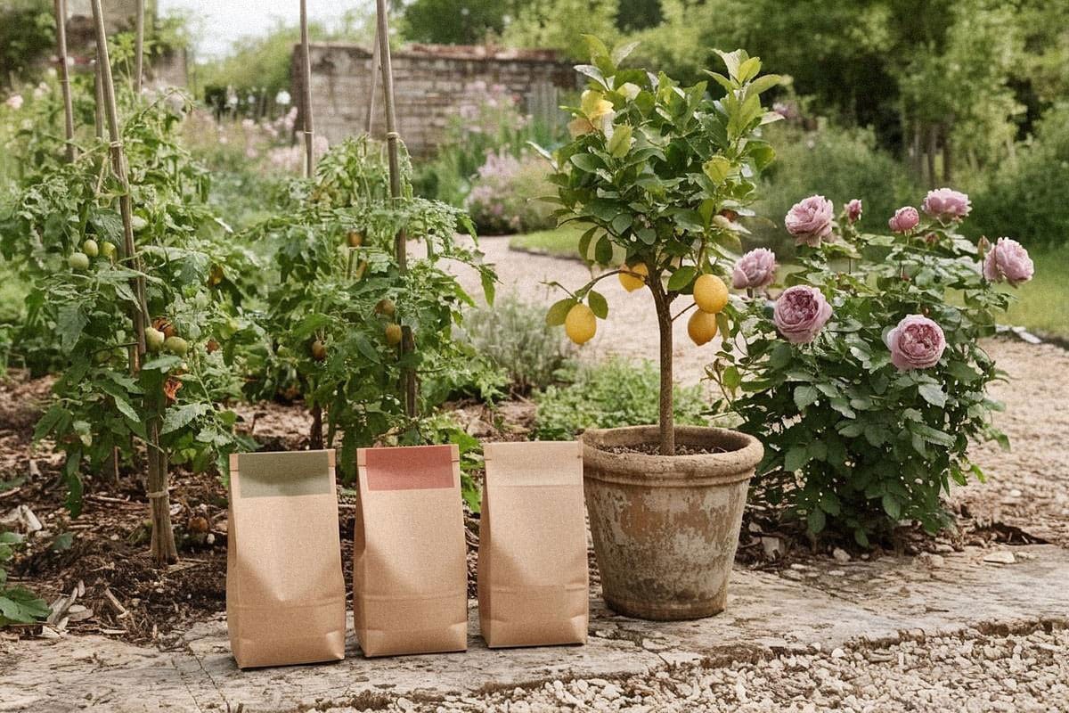 Différents sacs d’engrais organiques génériques disposés près de plants de tomates, d’un citronnier en pot et de rosiers, sans référence produit spécifique visible