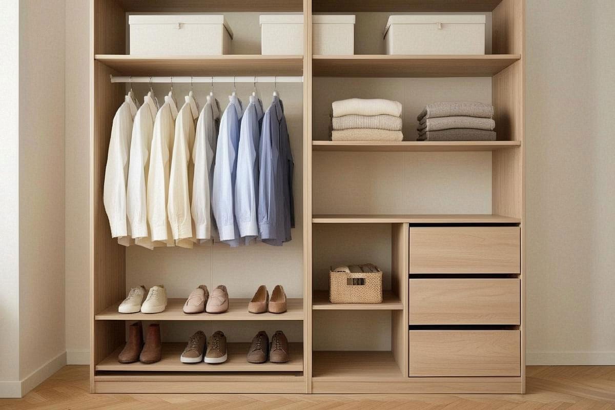 Dressing compact entièrement finalisé, chemises alignées, pulls pliés en petites piles, chaussures classées sur deux niveaux et vêtements saisonniers rangés dans des boîtes sur la tablette supérieure