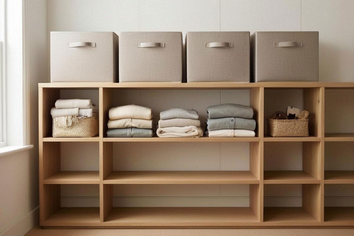 Dressing lumineux avec boîtes en tissu à poignées sur les étagères hautes, paniers plus petits à hauteur des yeux et vêtements pliés en piles courtes entre les contenants
