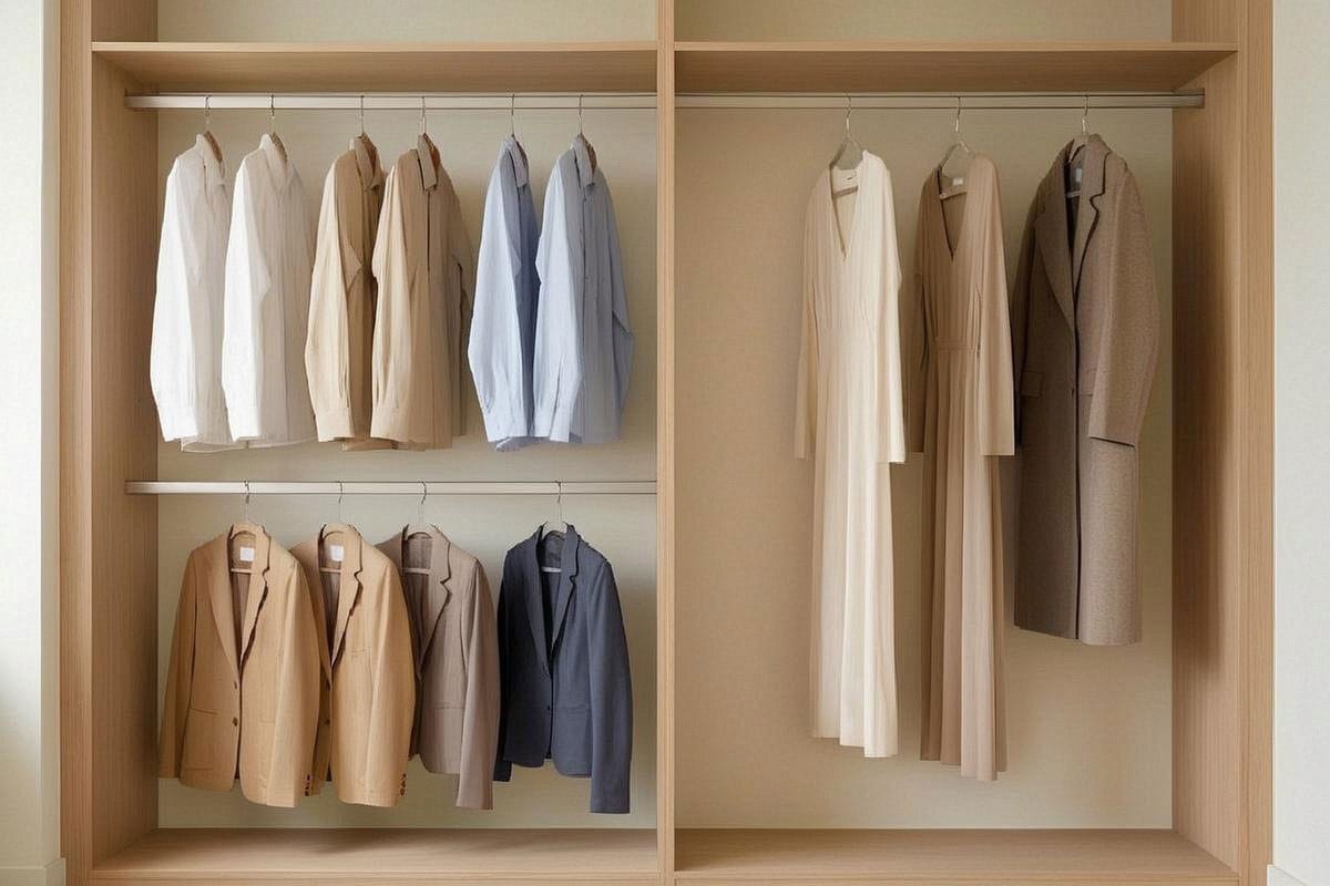 Dressing montrant deux penderies superposées pour chemises et vestes courtes à côté d’une penderie haute réservée aux robes longues, avec mesures visuelles discrètement suggérées