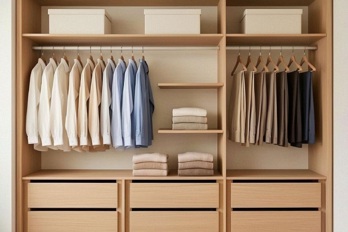 Dressing ouvert de taille moyenne avec chemises classées, pantalons suspendus, tiroirs fermés et boîtes identiques sur les étagères supérieures, dans une palette bois clair et blanc cassé