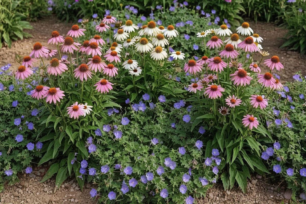 Échinacées roses et blanches mêlées à des géraniums vivaces bleus, avec feuillage dense couvrant le sol et floraison structurée dans un massif de milieu d’été