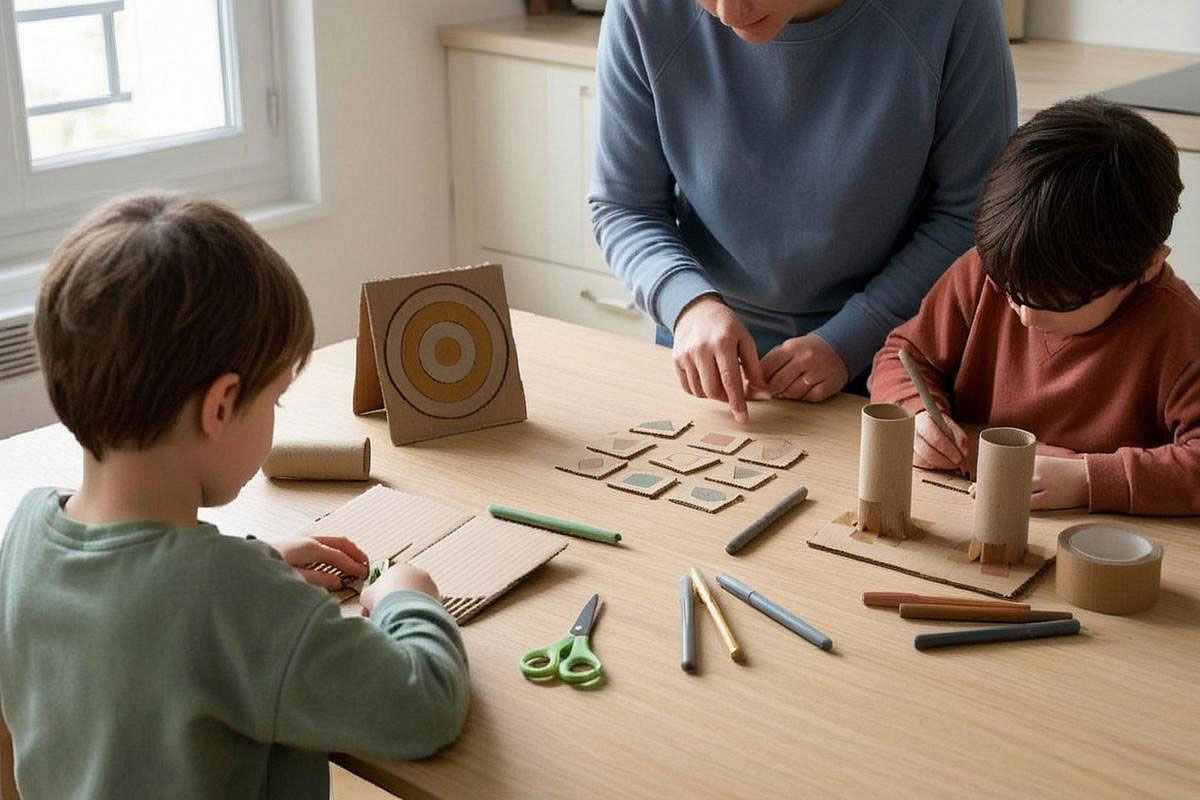 Enfants installés autour d’une table de cuisine avec cartons, feutres, ciseaux et rouleaux récupérés, préparant plusieurs jeux faits maison sous la surveillance d’un parent