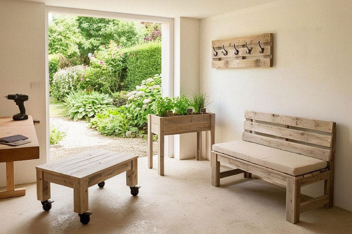 Ensemble de petits DIY terminés avec table basse, porte-manteaux, jardinière et banc en palettes, réunis dans un atelier lumineux pour montrer plusieurs niveaux de difficulté