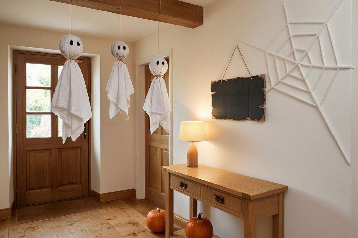 Entrée décorée avec panneau Maison hantée en carton, petite toile d’araignée en laine et fantômes en tissu suspendus, dans une palette noire, blanche et orange
