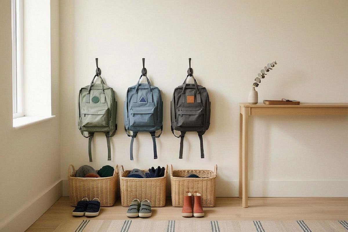 Entrée familiale compacte avec trois patères à hauteur d’enfant, paniers nominatifs, chaussures rangées dessous et cartables préparés pour le lendemain matin