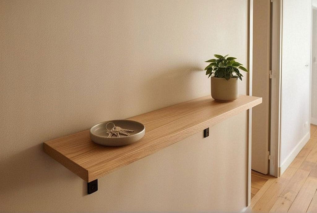 Étagère DIY terminée dans une entrée, tablette en chêne huilé sur deux équerres noires avec clés, petit vide-poche et plante, laissant suffisamment d’espace libre autour