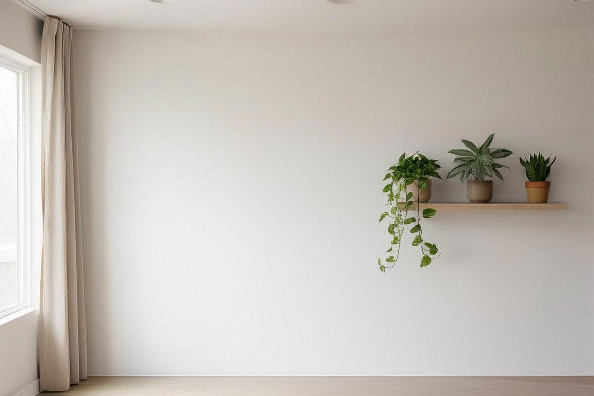 Étagère en bois avec pothos retombant, aglaonema argenté et sansevieria compacte, installée sur un mur latéral à environ deux mètres d’une fenêtre peu ensoleillée