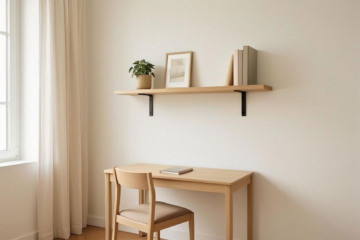 Étagère en bois terminée au-dessus d’un petit bureau, avec trois livres, cadre et plante légère, équerres noires visibles et espace de travail dégagé dans une pièce claire