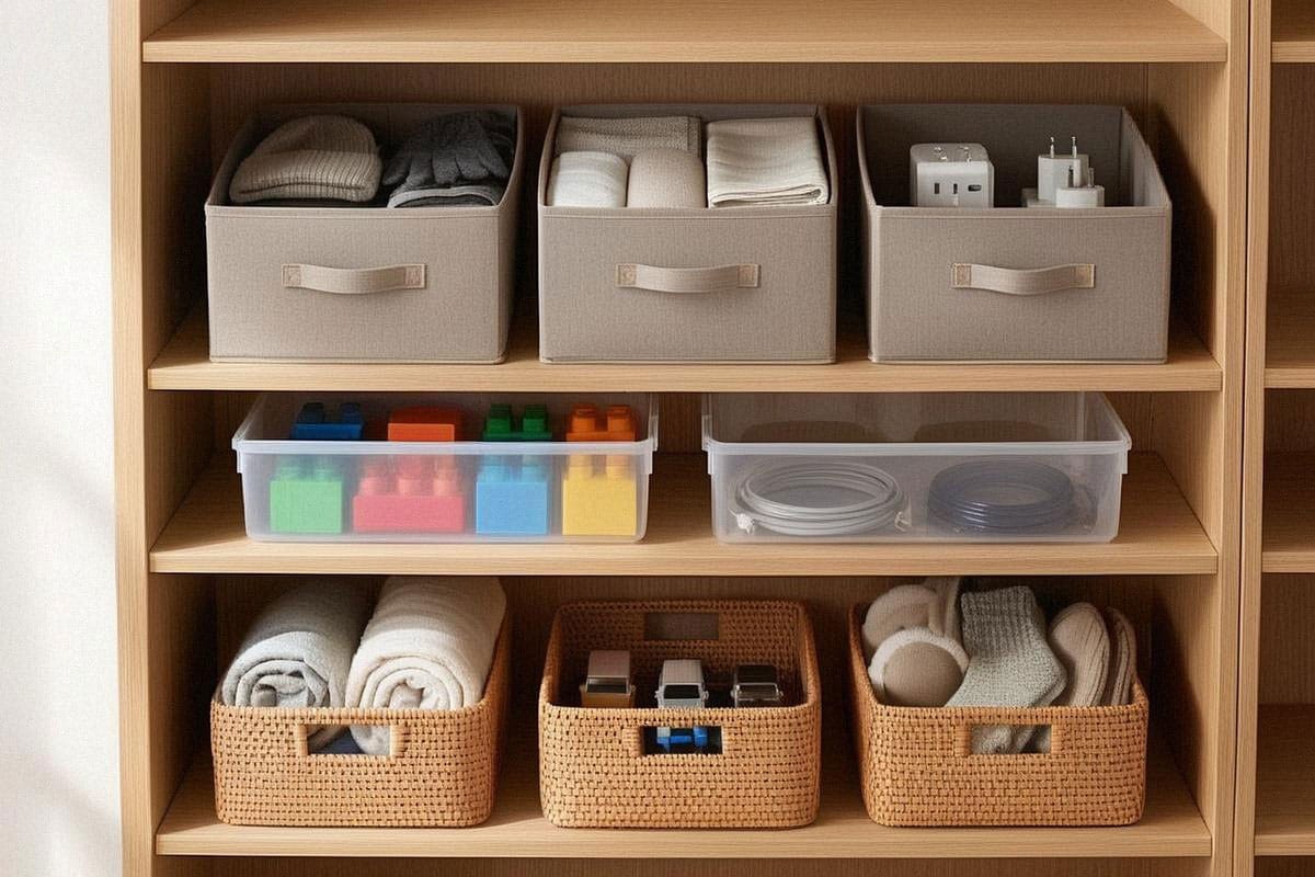 Étagère familiale organisée avec boîtes en tissu, bacs transparents et paniers ouverts de différentes tailles, chaque contenant correspondant clairement à une catégorie précise sans effet de magasin