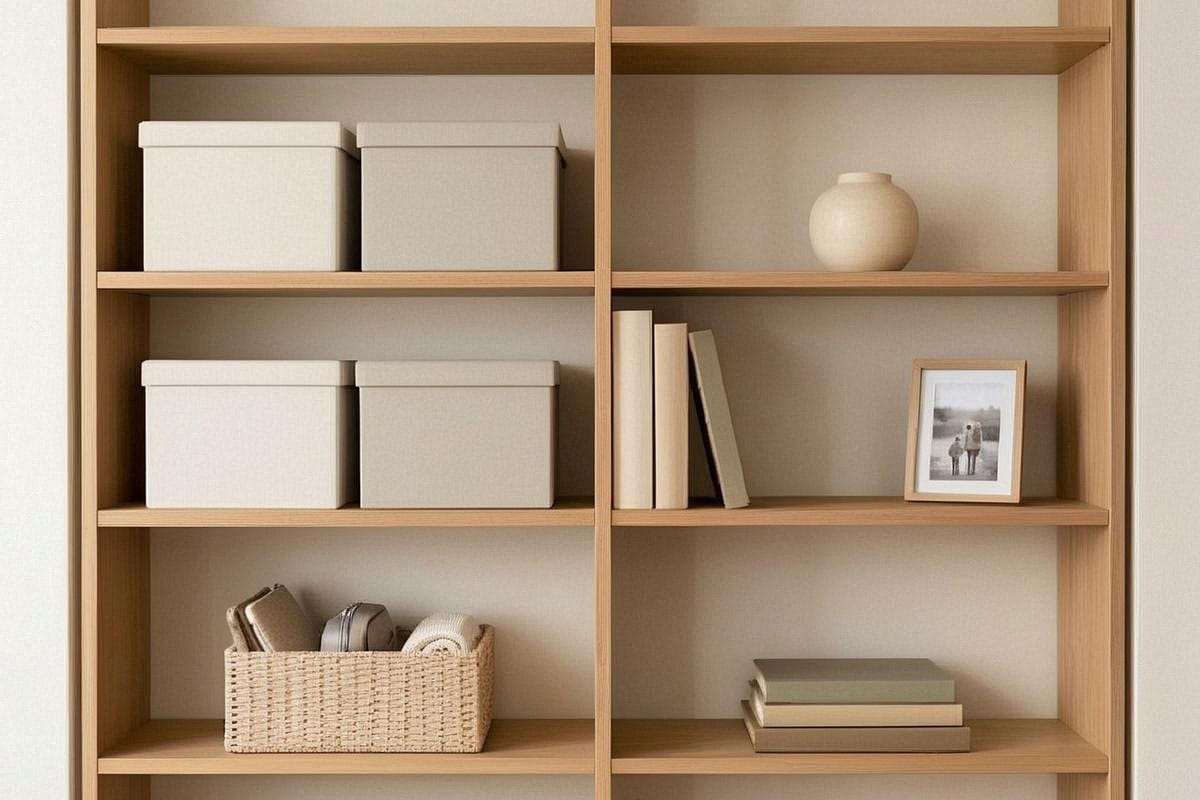 Étagère organisée après tri avec quatre boîtes sobres parfaitement dimensionnées, quelques livres, un panier ouvert et de larges espaces libres, dans une pièce chaleureuse et habitée