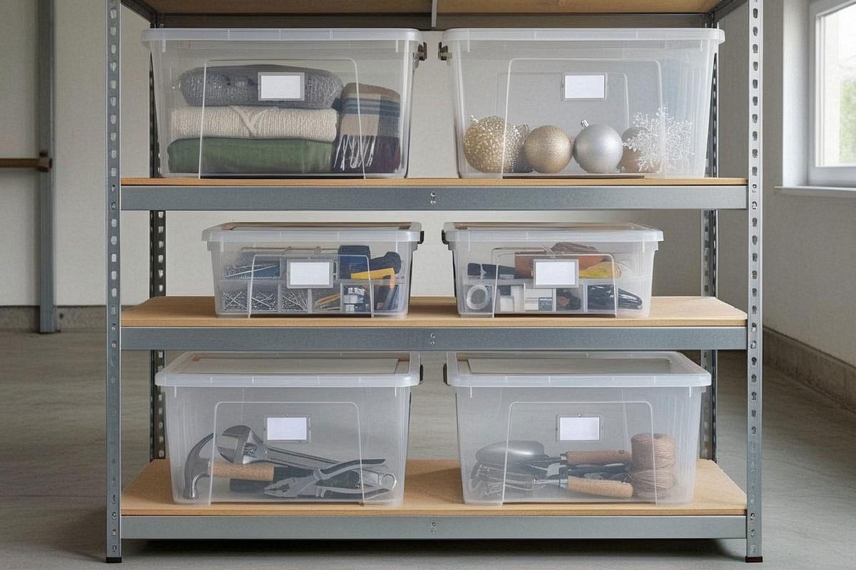 Étagères de garage avec boîtes transparentes empilables en trois formats, étiquettes lisibles, outils lourds en bas et objets saisonniers légers sur les niveaux supérieurs