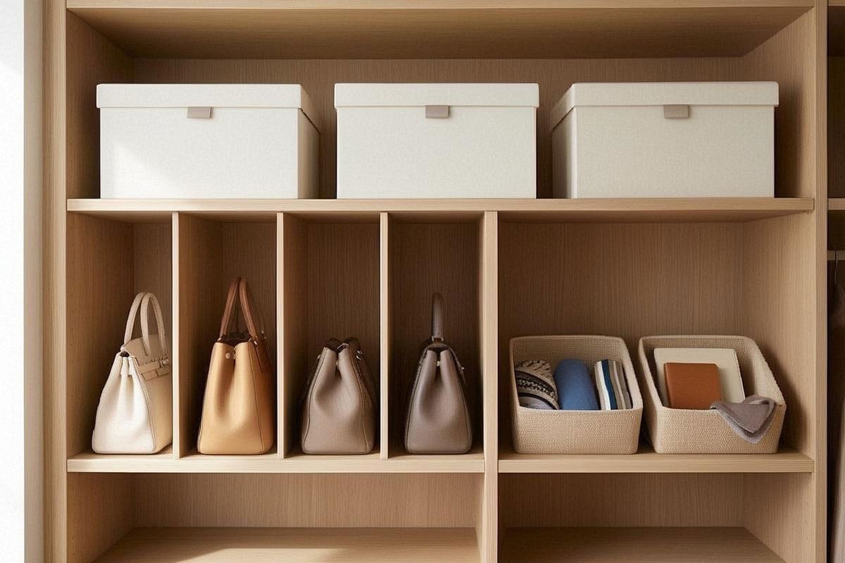 Étagères hautes d’un dressing avec trois boîtes identiques étiquetées par saison, sacs rangés verticalement et paniers ouverts à hauteur de main pour les accessoires utilisés régulièrement