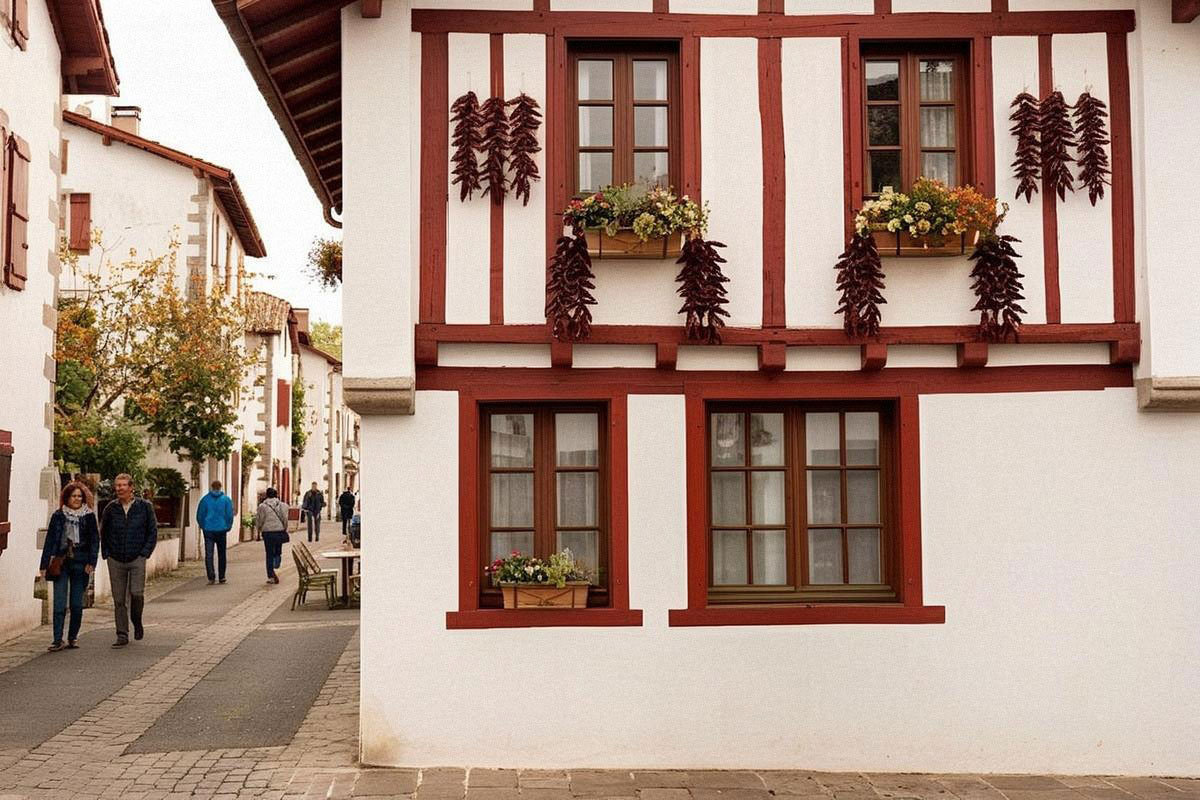 Façade basque blanche à colombages rouges à Espelette, rangées de piments suspendues sous les fenêtres et petite rue animée sous une lumière douce de début d’automne