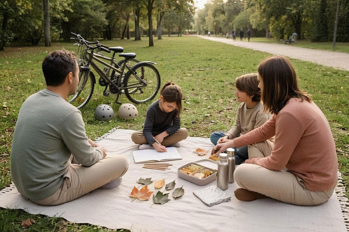 Famille installée sur une couverture dans un parc avec goûter maison, vélos posés à proximité, cahier de dessin et feuilles ramassées pour un herbier