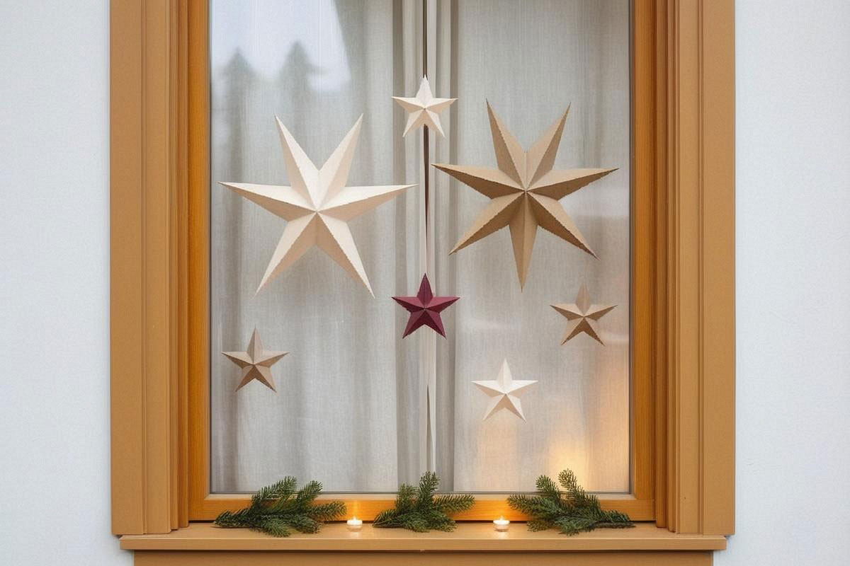 Fenêtre de Noël décorée avec étoiles en papier suspendues à différentes hauteurs, quelques branches de sapin sur le rebord et lumière chaude visible depuis l’intérieur