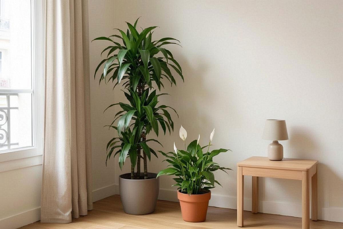 Grand Dracaena fragrans dans un angle de salon peu lumineux, accompagné d’un spathiphyllum plus bas et d’une petite lampe décorative éteinte, lumière naturelle venant d’une fenêtre latérale