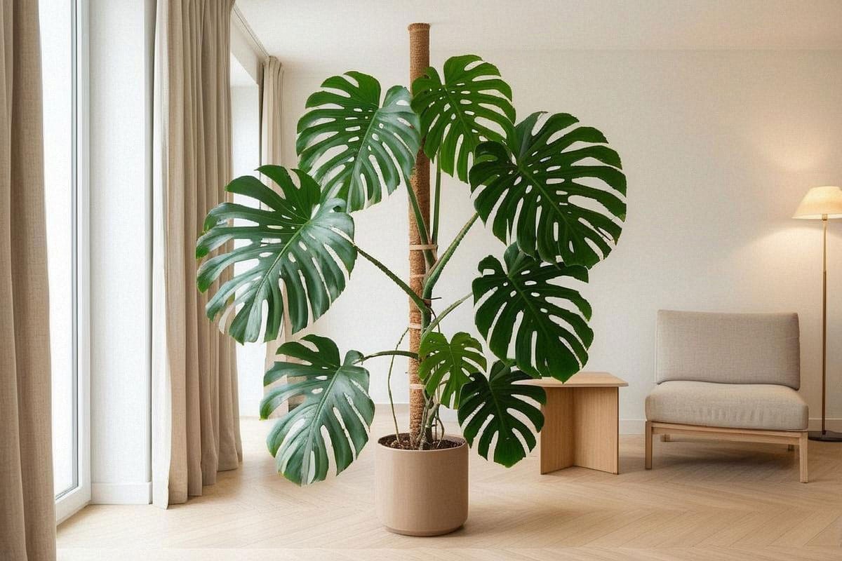 Grand Monstera adulte installé dans un salon, avec feuilles dépassant 50 cm, tuteur haut, pot proportionné et lumière latérale abondante provenant d’une baie vitrée